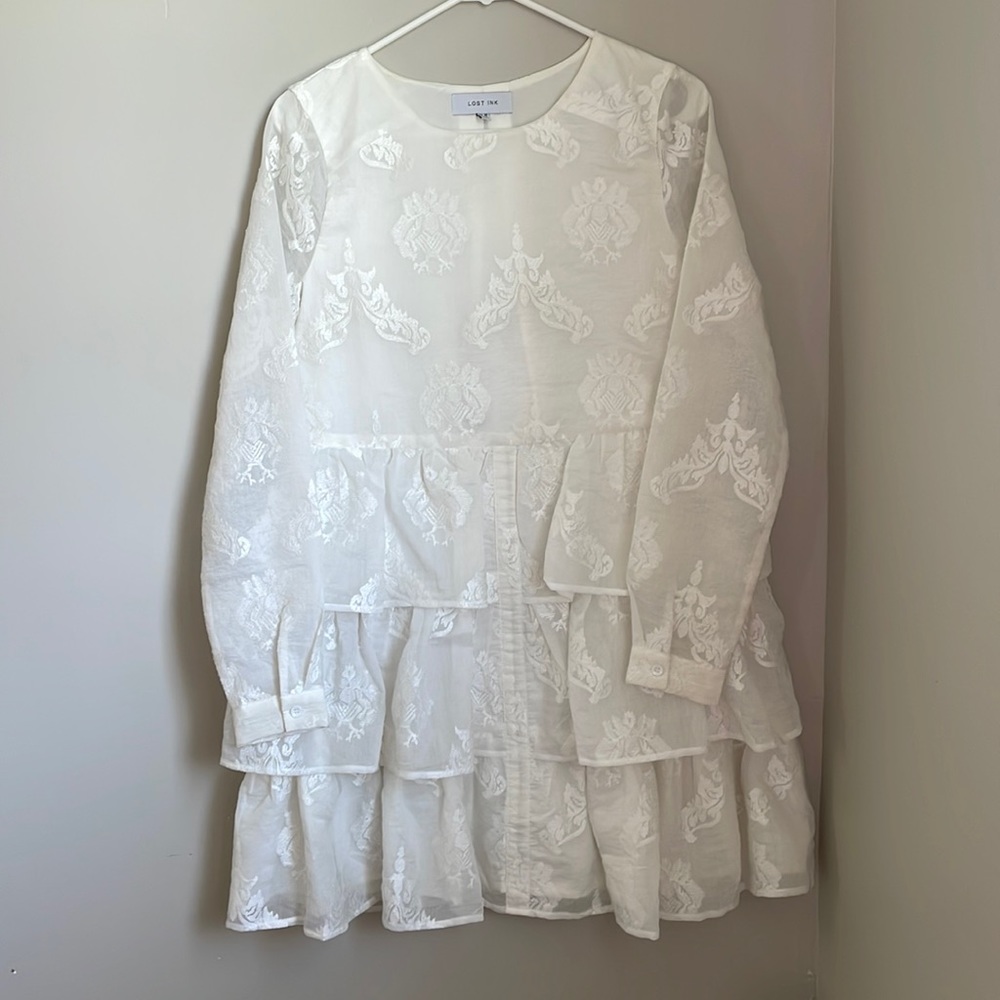 White Long sleeve Ruffle Dress
